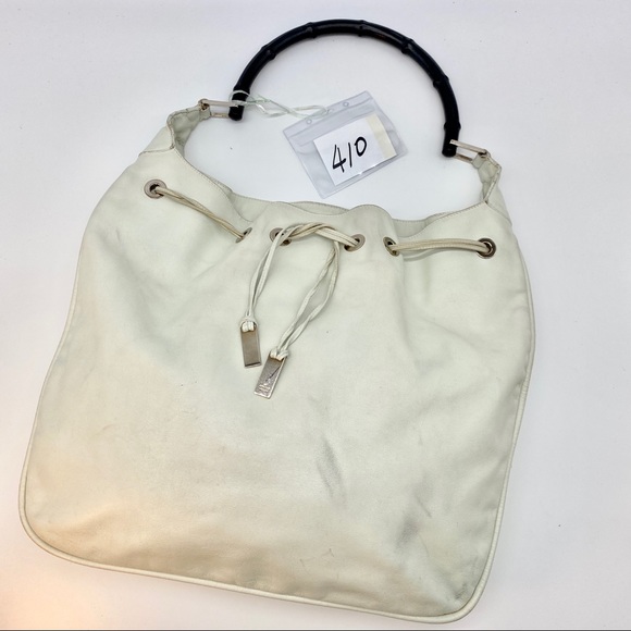 GUCCI BAMBOO WHITE LEATHER SHOULDER BAG DRAWSTRING - Picture 1 of 7